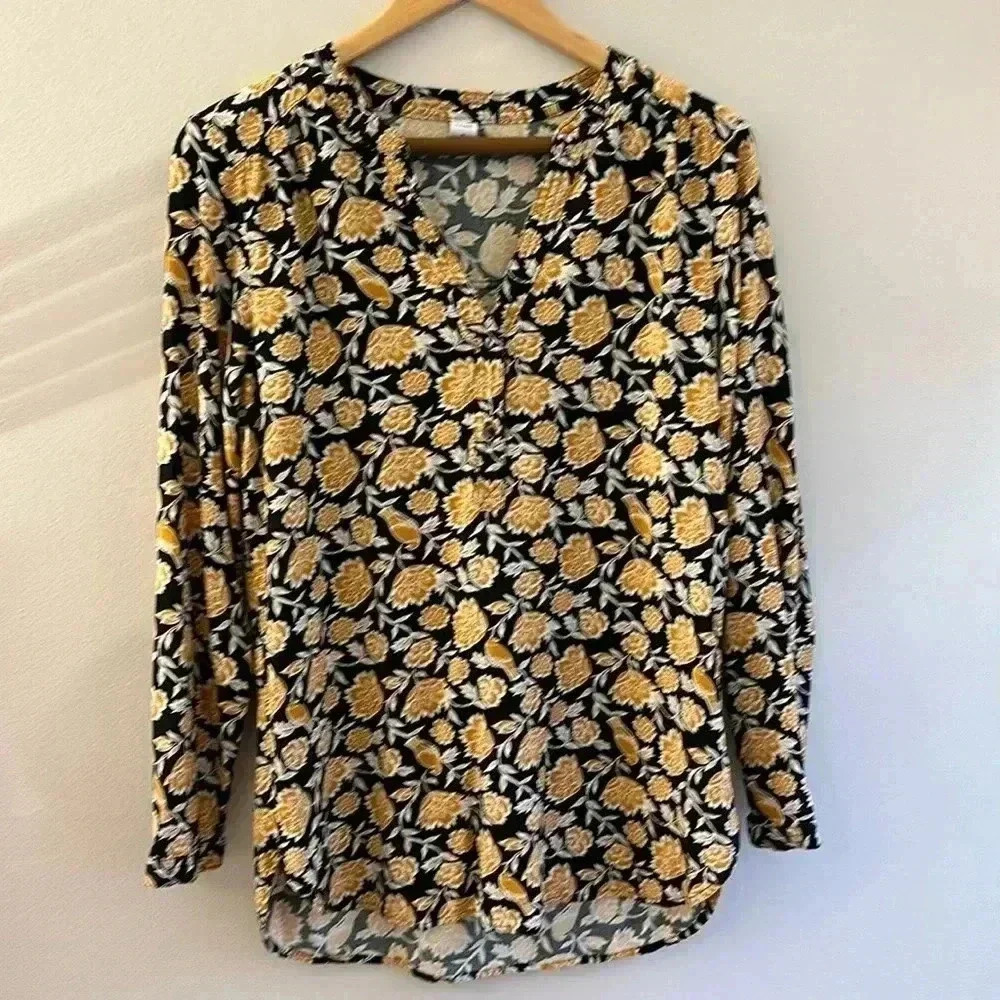 Old Navy Black Gold Long Sleeve V-Neck Bird Peasant Style Blouse Size Medium